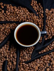Hot espresso in black cup with coffee beans on black background