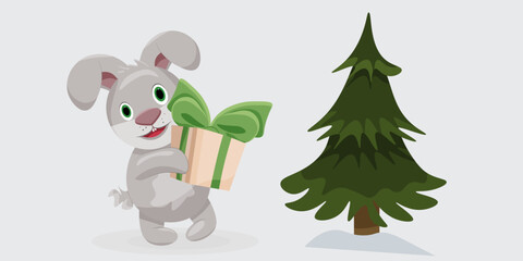 Vector rabbit with a gift and a Christmas tree. New year greeting card.  new year's print. 
