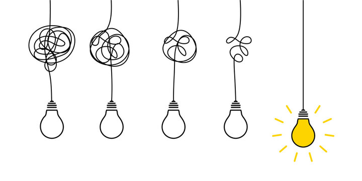 Bulbs with lines and idea bulb concept. Problem confuse of mind solution concept. Vector. Scribble tangle with bulbs solution process for business problems graphic illustration. EPS10