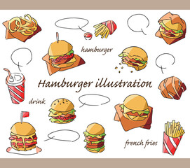 ハンバーガーの手描きイラストセット