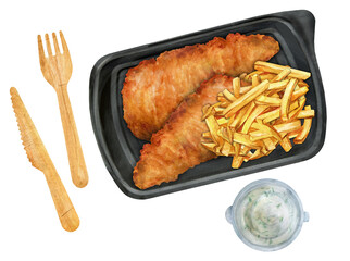 Fried fish and french fries. Watercolor illustration