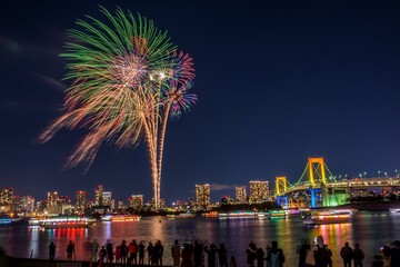 Firework at Odaiba rainbow bridge Tokyo Japan - obrazy, fototapety, plakaty