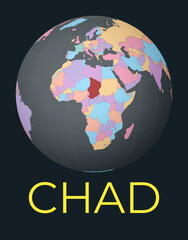 World map centered to Chad. Red country highlighted. Satellite world view centered to country with name. Vector Illustration.
