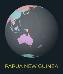 World map centered to Papua New Guinea. Red country highlighted. Satellite world view centered to country with name. Vector Illustration.