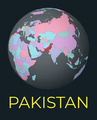 World map centered to Pakistan. Red country highlighted. Satellite world view centered to country with name. Vector Illustration.