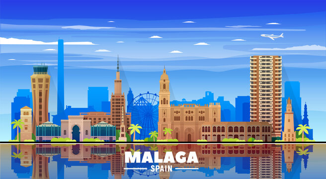 Malaga, Spain (Andalusia) skyline with panorama on white background. Vector Illustration. Business travel and tourism concept with modern buildings. Image for banner or website