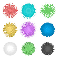 Fringe ball. Textile pompon, furry balls ans spherical decoration ornament made of thread isolated vector set