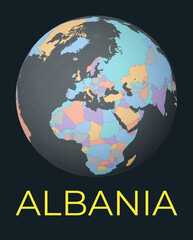 World map centered to Albania. Red country highlighted. Satellite world view centered to country with name. Vector Illustration.