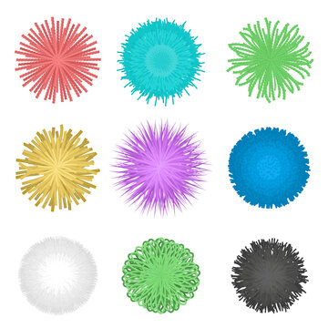 Fringe ball. Textile pompon, furry balls ans spherical decoration ornament made of thread isolated vector set