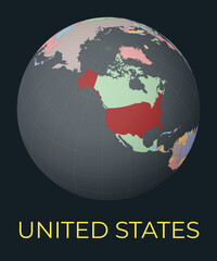 World map centered to USA. Red country highlighted. Satellite world view centered to country with name. Vector Illustration.