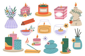 Wax candles, aromatic scented candles, home aromatherapy elements. Vector illustration set