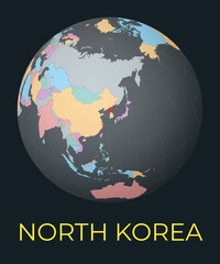 World map centered to North Korea. Red country highlighted. Satellite world view centered to country with name. Vector Illustration.