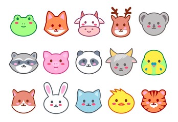 Kawaii animals. Cute zoo faces, smiling animal heads cartoon vector Illustration set