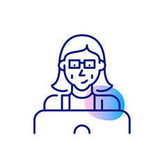 Older woman using a laptop. Working on her business, learning, communicating. Pixel perfect, editable stroke line art icon