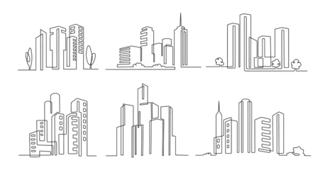 Aluminium Prints One line One line city. Skyscraper buildings, linear town cityscape and modern downtown or business district vector illustration set