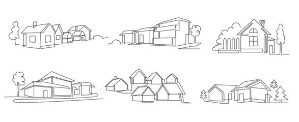 One line houses. Vacation home, suburban area and hand dwawn housing market branding vector illustration set © WinWin
