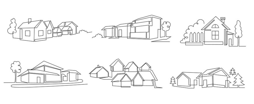 One line houses. Vacation home, suburban area and hand dwawn housing market branding vector illustration set