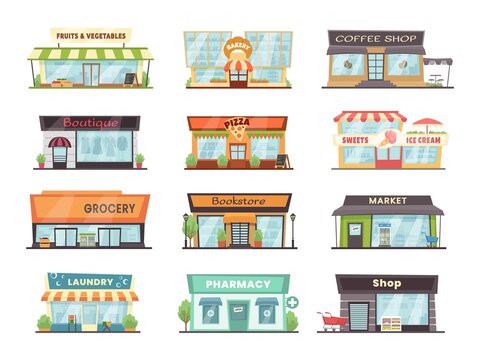 Store buildings. Local restaurant, shop and business building exterior vector Illustration set