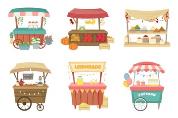 Fototapeta Outdoor market stalls. Grocery street fair, local flowers stall and coffee point vector illustration set obraz