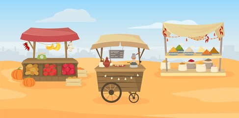 Street fair. Grocery food, spices and coffee stalls vector illustration