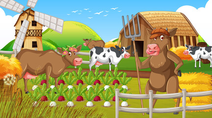 Naklejka premium Outdoor cow farm scene with happy animals cartoon