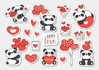 Draw sticker printable baby panda bear happy love for valentine © anchalee