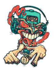 Tiki DJ. Tiki rapper. Can be used for creating logo, posters, flyers, emblem, prints, web. Hand drawn vector illustration