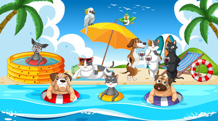 A group of different pet do various activities on the beach