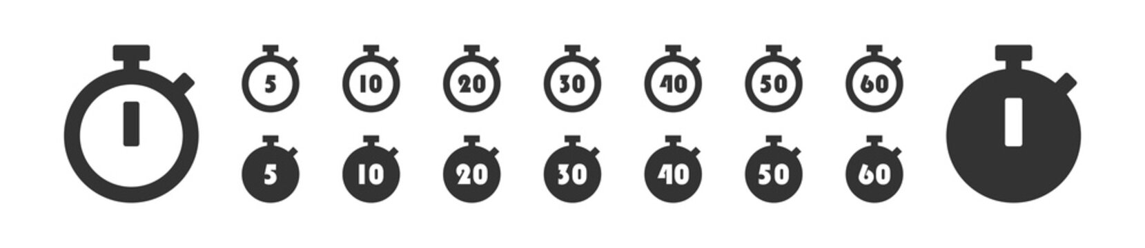 Stopwarch icon set. Clock symbol, timer sign. Countdown illustration in vector flat