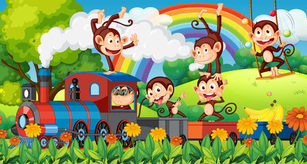 Obraz na płótnie Canvas Monkeys riding the train in garden
