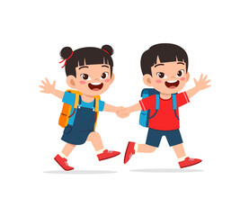 Fototapeta na wymiar cute asian kid go to school with friend together