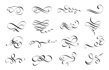 Calligraphy flourish. Letter swirl, pointed pen lettering ornaments and calligraphic lines vector set - obrazy, fototapety, plakaty