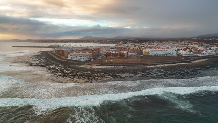 Aerial view of the beach in the National Park. Corralejo town, Spain.