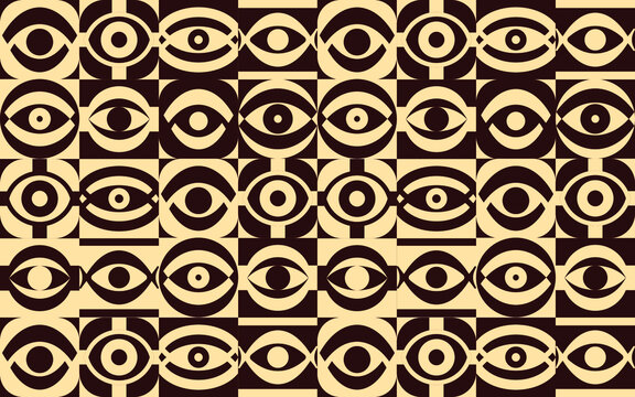 Seamless eye pattern with repeating abstract eye illustrations in brown and yellow colors.