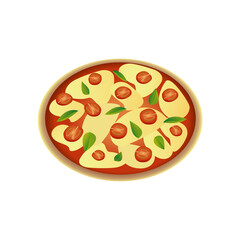 Pizza margherita with mozzarella, tomato sauce and basil. Vector illustration in flat style. Restaurant menu illustration.