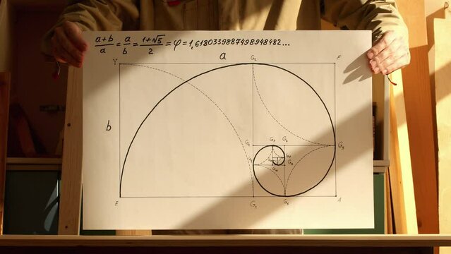 Mathematician shows paper with a golden spiral drawing. Reverse playback video. Date of shooting day 24 March 2022 year, MSK time. This video was filmed in Russia.