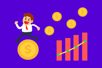 illustration of business man running on dollar coin with business chart rising.