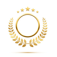 Gold round frame, stars and circular wreath from olive leaf, 3d golden anniversary medal