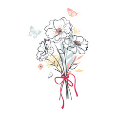 Flowers, leaves, grass in a bouquet and butterflies. Simple linear outline drawing and pastel silhouettes of plants. Simple vintage style doodle. Vector modern art illustration isolated on white