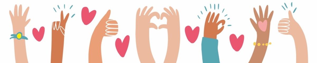 Illustration of people's hands with hearts raised up, hand-drawn illustration