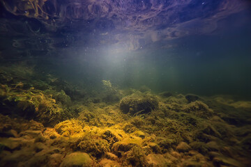 sun rays under water landscape, seascape fresh water river diving