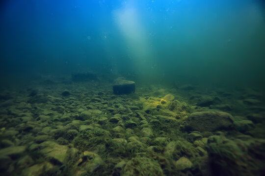 sun rays under water landscape, seascape fresh water river diving