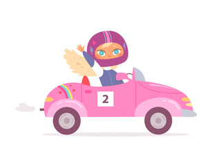Fototapeta premium Funny cute little girl in safety helmet driving speed toy pink car and waving to fans