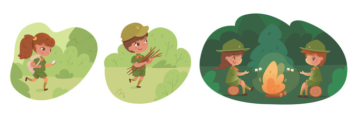 Girl and boy scouts vector illustration. Classmates cartoon characters on summer camping, excursion. Kids frying marshmallows in woods, park. Children outdoor leisure activities.