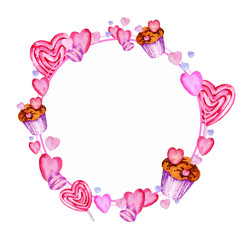 Watercolour round frame with heart, muffin, candy, hand drawn sketch, Valentines day theme