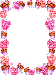 border with muffin, candy, heart to Valentine day theme, watercolour hand draw, pink and lilac colour on white background