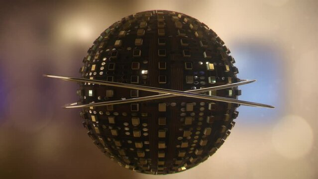 Animazione 3D di sfera con rilievo cubi ed anelli che girano attorno