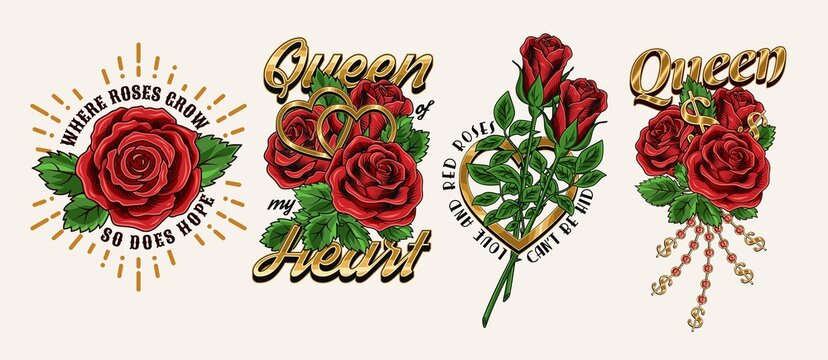 Set of vintage labels with red roses, golden dollar sign, chains with rhinestones, text, quotes. Bright vector illustration. T-shirt design.