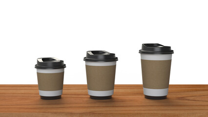 3D rendering Paper cup of coffee on wooden table