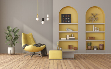 Yellow and gray modern living room - obrazy, fototapety, plakaty